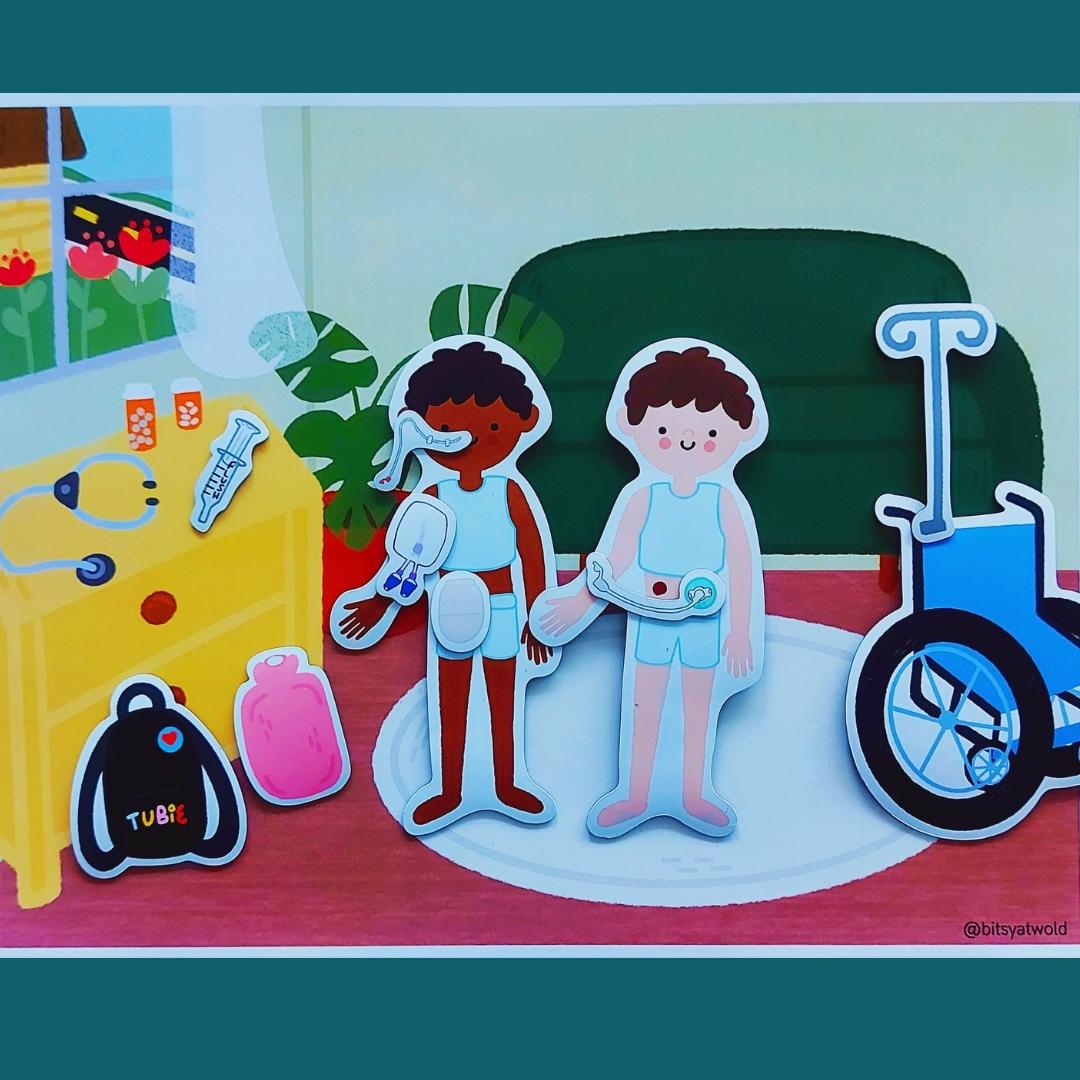 The 2 child magnet pieces are shown against the cozy living room set background surrounded by some of their medical equipment, showing how important home-care is.