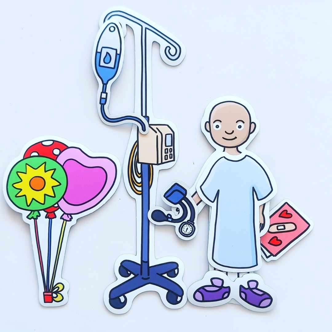 And adorable smiling bald child wearing purple slippers and a light blue hospital gown is holding a blood pressure cuff and get well card, and is standing beside an IV machine hooked up with a saline drip. Beside the machine are a cheerful bunch of colorful balloons.