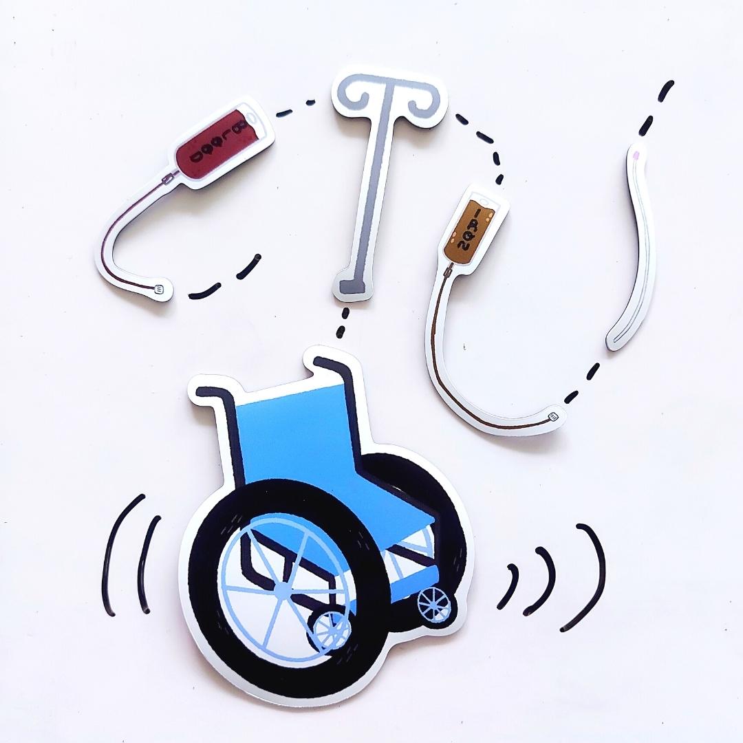 A blue and black wheelchair is shown against a white background with IV pole attachment, blood transfusion bag, iron infusion IV bag, and tube extension