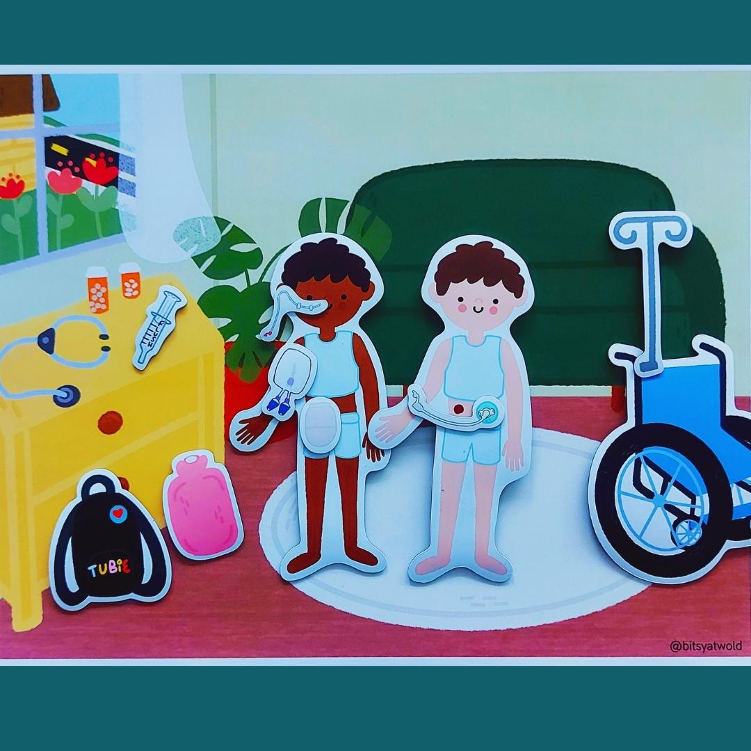 The 2 child magnet pieces are shown against the cozy living room set background surrounded by some of their medical equipment, showing how important home-care is. 