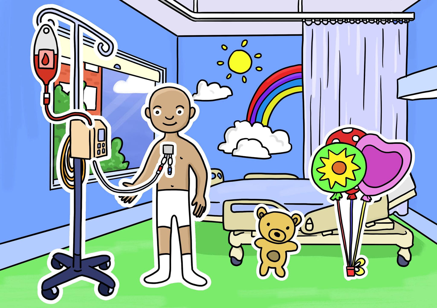 A child is receiving a blood transfusion into their chest port in a bright, happy hospital room. A teddy bear and get well balloons are beside them. A rainbow mural is on the hospital room wall.